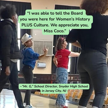 3 female high school students onstage with Miss Coco.