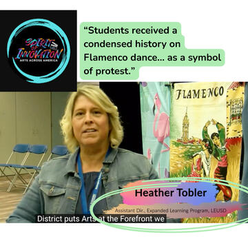 District administrator in front of "Flamenco" tapestry, with "Arts Across America" logo and a quote from the news spot.