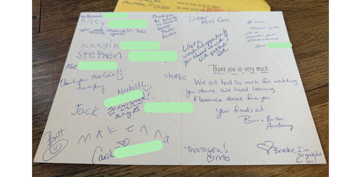 Signatures on a thank you card.