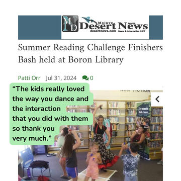 News article with photo of Miss Coco dancing with kids in a library.