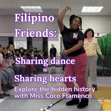 Grade school girl with Flamenco arms dancing through Filipino tinikling bamboo poles, student audience watching