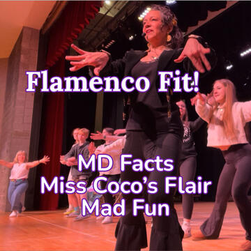 Miss Coco onstage in a lunge with Flamenco hands, behind her a teacher and high school students onstage imitating the lunge and hands