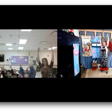 Two Zoom squares, on left a classroom of grade school kids with their teacher, everyone's arms up overhead; on right, Miss Coco demonstrating the move with her arms overhead.